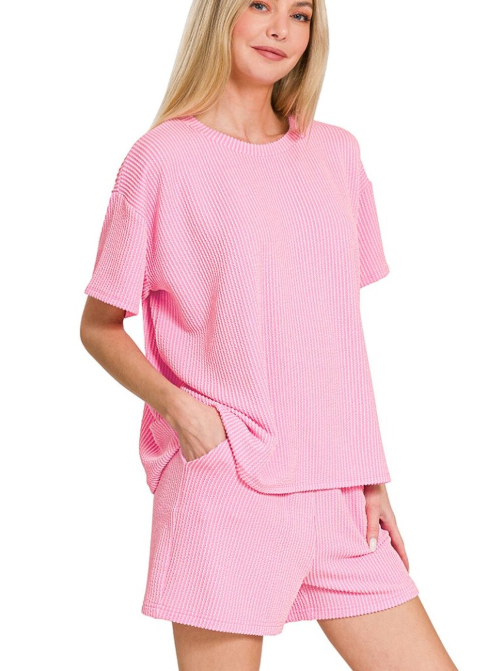 Zenana Womens Pink Raised rib short sleeve tee & short pants set NEW